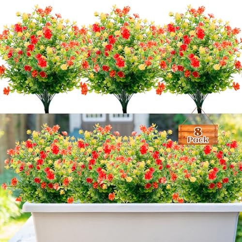 8 Bundles Artificial Fake Flowers, 3 Colors Outdoor Faux Plastic Bouquet Shrubs Plants for Indoors Outdoor Hanging Basket Garden Window Box Wedding Party Decoration (Red Yellow Orange)