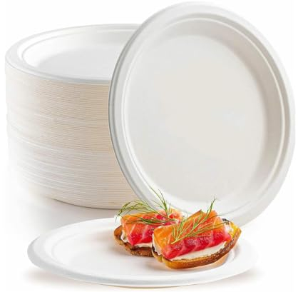 Disposable Plates for Hot Food 100Pcs Heavy Duty Reusable Sturdy Takeaway Bagasse Sugar Cane Biodegradable & Compostable Strong for Weddings Christmas Paper Plates (10Inches)