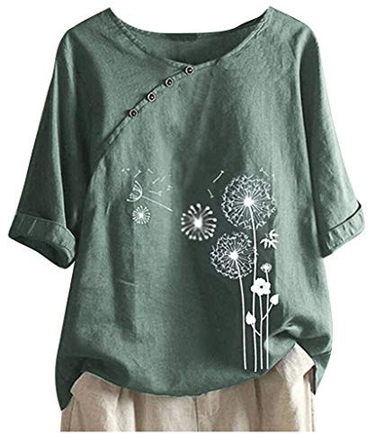 Mis Pedidos Linen Tops for Women UK Summer Short Sleeve Cotton Linen Shirts 2024 Fashion Crew Neck Button Blouses Dressy Casual Dandelion Print T-Shirts Ladies Elegant Loose Fit Tee