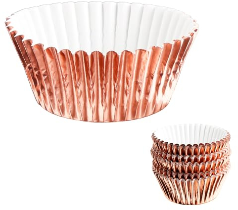 Thyonta 100PCS Muffin Cake Cups Colourful Thickened Aluminium Foil Oil-Proof Disposable Baking Paper Tray Suitable for Storing Mini Food (Rose Gold)
