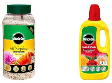 Miracle-Gro Continuous Release All Purpose Plant Food, 900G & Rose & Shrub Concentrated Plant Food, 800 ml