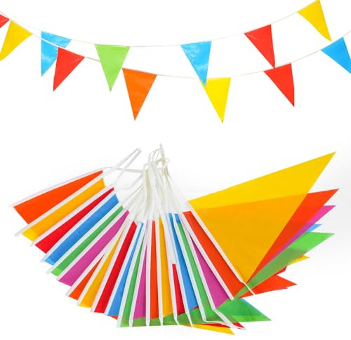 PVC Plastic Bunting Banner | Reusable 50-Metre Outdoor Buntings | 100 Flags Waterproof & Colourful Bunting for Kids Party, Birthday, Garden & Wedding Decorations