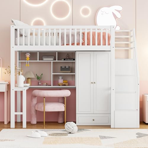 Kinderbett 90x200cm, Hochbett mit Kleiderschrank und Schreibtisch, Einzelbett mit Bücherregal und Stauraumtreppe, Funktionsbett Etagenbett Stockbett Kinderhochbett Jugendhochbett, Ohne Matratze, Weiß