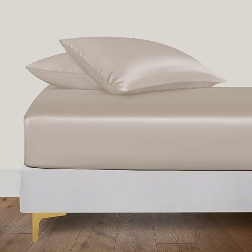 LINENWALAS Spannbetttuch aus 100% Bio-Bambus Seide 200x200 cm, Tiefe Tasche bis 40 cm weich, Öko-Tex-zertifiziertes kühlendes Bambus-Bettwäsche-Set Spannbetttuch mit Kissenbezug (Taupe)