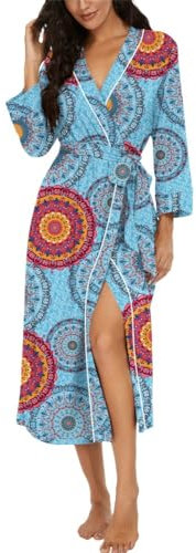 PrinStory Bademäntel Damen Leichter Kimono Roben 3/4 Ärmeln Damen Morgenmäntel Lange Nachtwäsche Lässig Loungewear Saunamantel (Blau Mischen, XL)