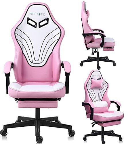 Gaming Stuhl, Ergonomischer Computer Stuhl mit Fußstütze, 360°Drehbarer Task mit Kopfstütze und Lendenwirbelstütze, Höhenverstellbarer PC Stuhl Für Büro und Home-Rosa