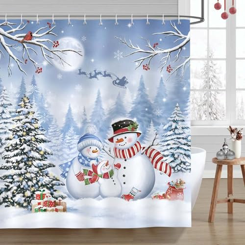 Bonhause Cortina de Ducha Invierno Navidad Muñeco de Nieve Pino Nevado Cardenales Cortina de Baño de Poliéster Impermeable Antimoho Lavable 180 x 180 cm con 12 Ganchos