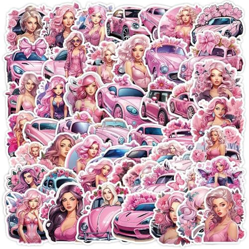 Rennwagen Aufkleber 50 Stück Huaxintoys Vinyl Racing Car Aufkleber für Fahrrad Motorrad Auto Gepäck Laptop Telefon Wasserdicht Sportwagen Graffiti Aufkleber, rosa ästhetische Aufkleber