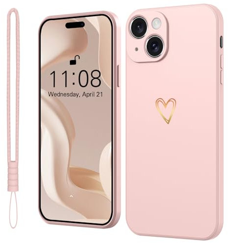 Mitetabo Hülle für iPhone 15 Handyhülle Gold Liebesher Silikon, iPhone 15 Case Mädchen Weich Slim Stoßfest Kratzfeste Süßes Gold Love Schutzhülle für iPhone 15 6.1 Rosa