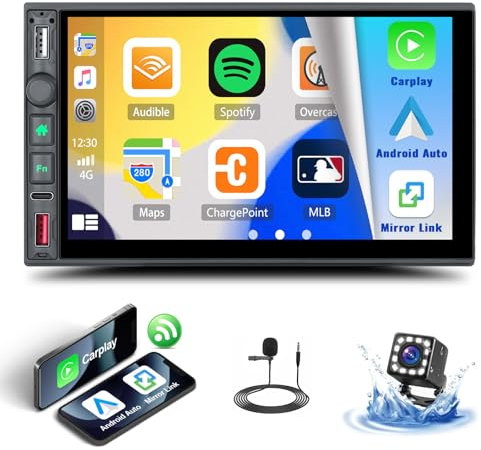 Double Din Wireless Apple CarPlay Car Stereo with Wireless Android Auto Bluetooth 7 Inch HD 1024 * 600 Touch Screen FM/AM/RDS Radio Mirror Link 3 USB Type-C DSP RCA SWC + Backup Camera Mic