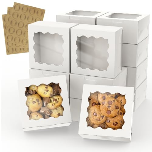 WUHUIXOZ 60 Stück Keksboxen 15,2 x 15,2 x 7,6 cm, weiße Backboxen mit transparentem Fenster für Donuts, Muffins, Kekse, Macaron, Gebäck