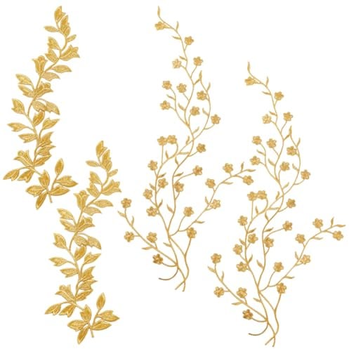 PH PandaHall 4 Stück Stickerei Aufnäher 2 Stile Blumen Und Blatt Patches Stickerei Applikation Dekorative Patches Bestickter Patch Zum Aufnähen Für Reparatur von Kleiderdekorationen, Golden