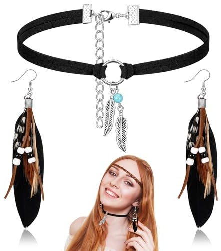 Jadive Feder Ohrringe mit Perlen Set Indianer Schmuck Retro Leder Choker Bohemien Steampunk Ohrringe für Damen(Schwarz)