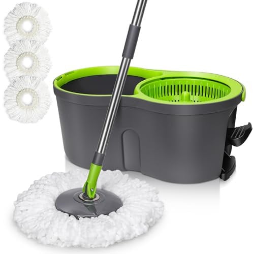 Mocio Lavapavimenti con Secchio,Masthome Secchio Lavapavimenti Rotomop,Mocio Professionale con Pedale, con 3 Panni in Microfibra Riutilizzabile e Lavabile in Lavatrice,per Tutti i Pavimenti,Verde