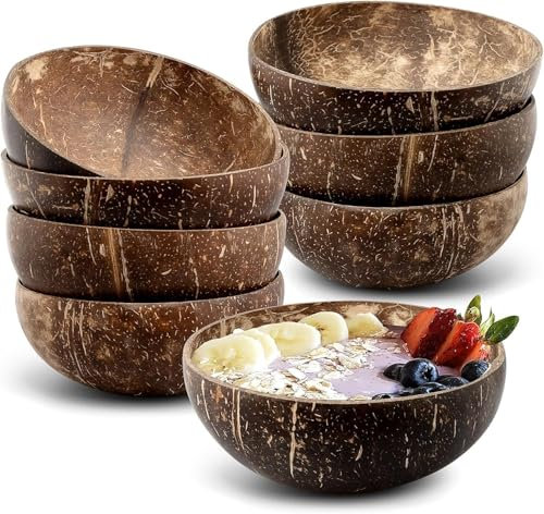 Ensemble de 8 Bols Naturels en Coquille de Noix de Coco, 450 ml/15 Oz - Bol Lisse Poli pour Smoothie, Acai, Salades, Bouddha Bowl, Idéal pour Cadeaux Véganes, Décor de Cuisine, Service lors de Fêtes
