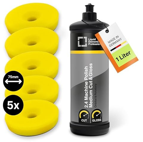 Liquid Elements - Auto Politur Set Medium Cut and Gloss 1L - Autopolitur Set mit 5x 75mm Polierschwamm Centriforce V2 – Lackaufbereitung Komplettset ideal für alle Poliermaschinen