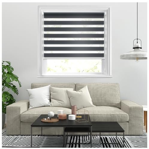 J.Din Zebra Roller Blinds Windows Door Curtain For Bedroom Light Filtering Day and Night Window Shades Blind Easy Fit Double Layer Fabric Translucent Vision Curtains (Grey, 174cm x 165cm)