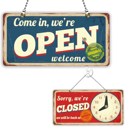 PLIGREAT Cartello aperto chiuso per negozio stile timbro vintage We Are Open Signs Double Sided Business Hours Targa in legno per negozio al dettaglio Bar Panetteria Finestra Appeso Porta Cartello con