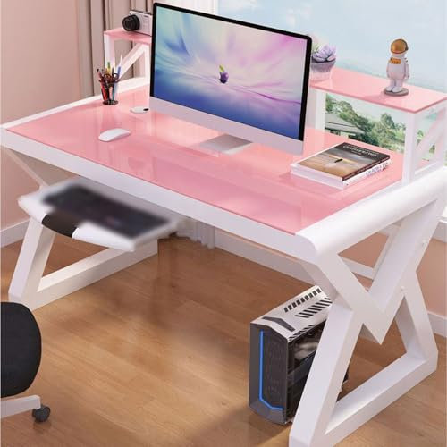SDCGB Computer Schreibtisch aus Gehärtetem Glas, Multifunktions Schreibtisch mit Ablagefächern Modernes Büro Studie Gaming Arbeit Schreibtisch Tisch für Home Office(47 Inch, Pink)