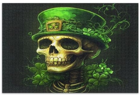 Happy St. Patrick's Day Skull Green Jigsaw Puzzles for Adults 1000 Pieces Family Puzzles Entertainment Toys Birthday Gift, Finished Size 29.5 x 19.7 Inches