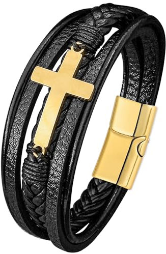JUZICHEN Herren Armband Aus Leder, 21 cm Herrenarmband Baum Des Lebens, Geflochtenes Kreuz Armband Für Herren (Stil A, Gold)