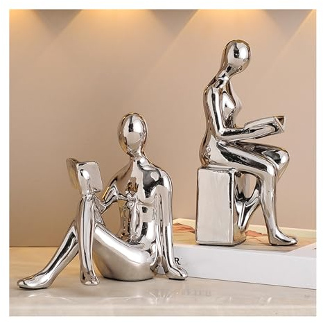 Tauzveok Denker Skulptur Lesen Deko Figuren Keramik Abstrakte Kunst Statue Für Bücherregal Deko Skulpturen, Deko Bücher, Büro Deko, Modern Dekofiguren,Silver a