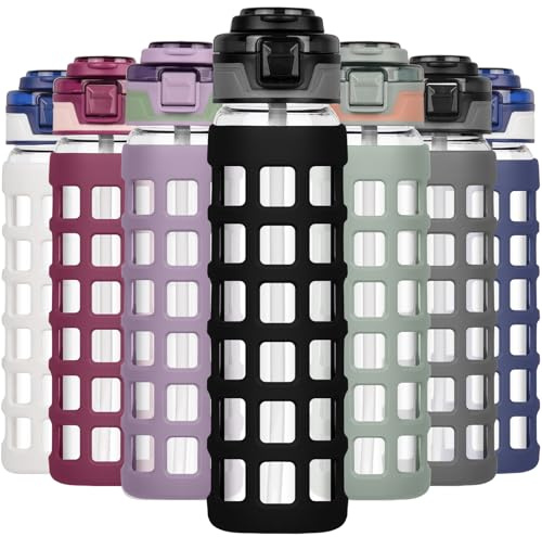 Ferexer Glass Water Bottle 1 litre / 660ml with Handle Straw Flip lids, leakproof, BPA free Water Bottle,Sustainable Borosilicate Glass, with Silicone Sleeve Sports Glass Drinking Bottle Black