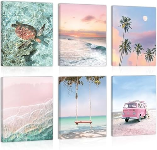 HPNIUB Set of 6 Pastel Pink Beach Canvas Wall Art Boho Coastal Ocean Decor