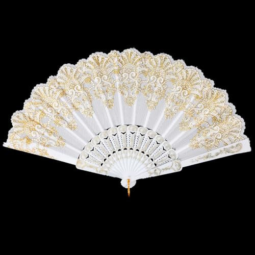 Grevosea Handheld Folding Fan, White Lace Fan Flower Rose Lace Hand Fans for Women Elegant Foldable Fans for Party Wedding Church Dancing and Decoration (White)
