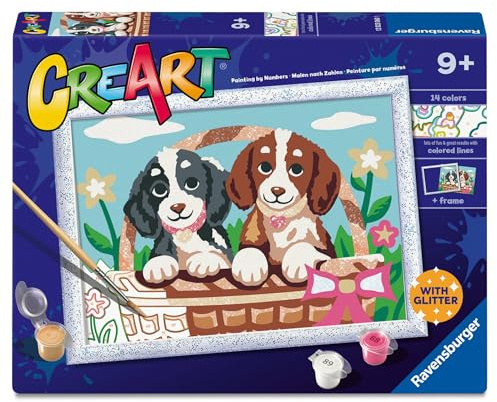 Ravensburger CreArt: Picknick mit den Welpen - Malen mit Zahlen für Kinder ab 9 Jahren, Malset mit Brettern, Rahmen, Pinsel und Farben im Lieferumfang enthalten, 24 x 18 cm, Geschenkideen