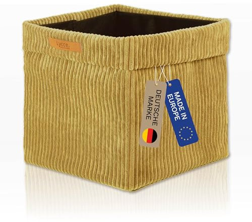 Lycce Kallax Box aus trendigem Cordstoff | Aufbewahrungskorb für Kallax Regal | Faltbox 33 x 33 x H31 cm mit abnehmbarem Bezug | Boden mit Vlies Überzug | Aufbewahrungswürfel | senf