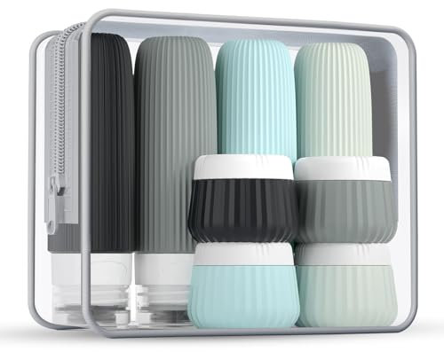 AmiCera Travel Bottles for Toiletries, 90ML & 30ML Silicone Travel Bottles Set with Clear Zipper Toiletry Bag, 8 Pack Leak Proof Refillable Squeezable Containers for Liquid Shampo(Grey)