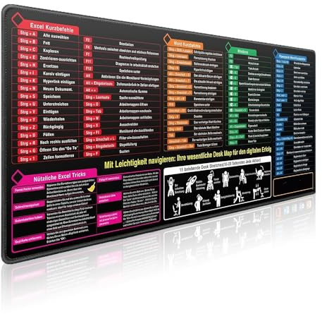 NAVESO Excel Schreibtischunterlage Deutsch XXL, Excel Mauspad Deutsch Shortcuts 900x400x2mm, Anti Rutsch Gaming Mousepad für Office, Word PPT Windows, Bürozubehör