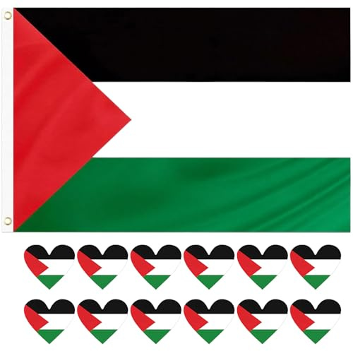 Bandiera Palestina, 150 x 90 cm, 1 con 12 adesivi a forma di cuore, bandiera palestinese, bandiera palestina, bandiere palestinesi con occhielli, bandiere resistenti alle intemperie per esterni