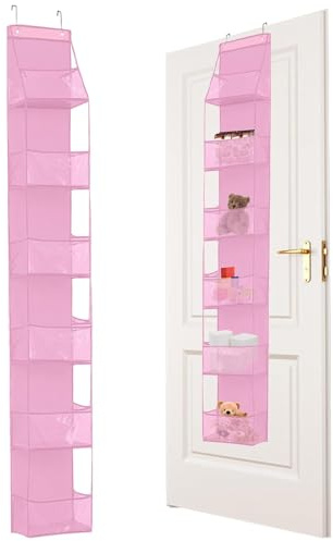 Hiuyavy Over Door Storage Organiser, 6-Shelf Clear Window Pockets Organizer, Behind The Door Hanging Organizer, Bedroom Over the Door Organiser for Closet Nursery Bathroom Dorm(Pink)