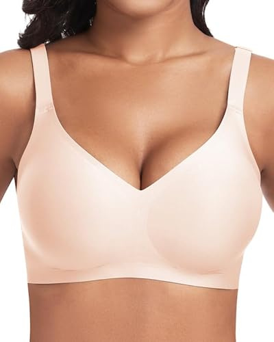 Jiuday BH ohne Bügel Push Up BH Große Brüste Starker Halt Bügelloser Bustier Damen Gepolstert Seamless Soft Bra ohne Buegel Bequemer T Shirt V-Ausschnitt Bralette (Beige,L)