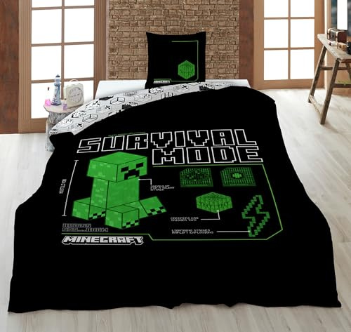 Minecraft Bettwäsche Survival Mode 135x200+80x80 – 100% Mikrofaser | Wendebettwäsche | Schnelltrocknend | Creeper Blueprint | 135x200+80x80 cm | Kinder | Offiziell lizenziert | Einzelbett