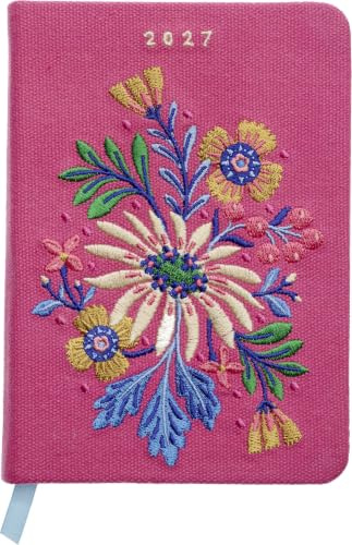 Taschenkalender A6 2027: Blütenmotiv, bestickt, pink: Hochwertig bestickter Buchkalender, Wochenplaner, Terminplaner & Organizer. Mit Ferienterminen und Monatsübersichten