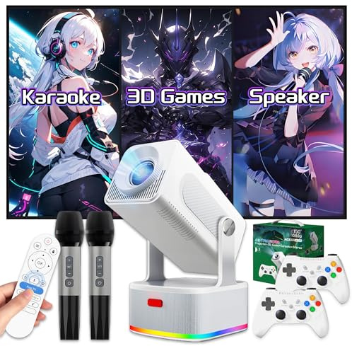 HCS350 PLUS Mini Beamer 4K Projektor,20000 Spiele+Karaoke+Lautsprecher 4-in-1 Tragbarer Beamer Klein mit Bluetooth Voice Remote/Wiederaufladbarem Mikrofon,1920*1080P,450 ANSI,Android 11,WiFi6 + BT5.4