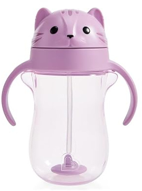 Munchkin Any Angle Spill Proof Weighted Straw Trainer Cup | Transition Sippy Cups for Toddlers and Babies | Click Lock Technology & Fun Animal Design | Baby led Weaning | 296ml | Cat