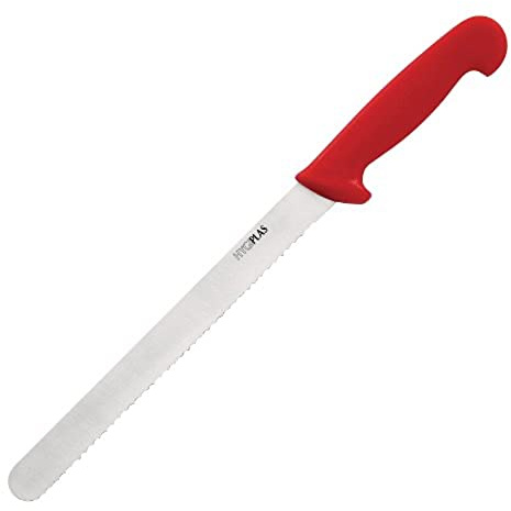 Hygiplas Stainless Steel Serrated Slicer Knife Dishwasher Safe, Red 25.5cm | Serrated edge cleanly slices through crusty breads and soft vegetables without crushing in busy commercial kitchens.