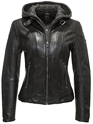 Gipsy Damen Lederjacke mit Kapuze im Biker Look Schwarz (M, Black)