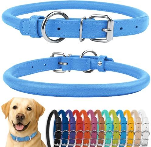 CollarDirect Rolled Leather Dog Collar, Soft Padded Round Puppy Collar, Handmade Genuine Leather Collar Dog Small Large Cat Collars Black Pink Red Purple Blue (Fits 20-23 Neck, Light Blue)