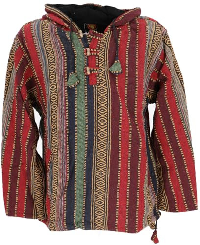 GURU SHOP Goa Kapuzenshirt, Baja Hoodie, Boho Style Kapuzenpullover - Rot, Herren, Baumwolle, Size:L