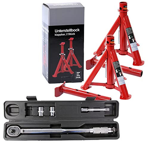 ENVA 2x Klappbarer Unterstellbock Kfz 2t, Stützbock höhenverstellbar von 277 mm – 365mm + 4-tlg Premium Drehmomentschlüssel, Einstellbar von 10-210 Nm, Antrieb 1/2 Zoll Vierkant