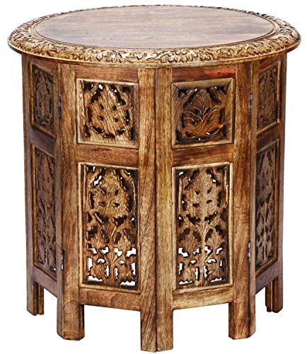 Marokkanischer Tisch Beistelltisch aus Holz Ashkar Braun ø 45cm groß rund | Orientalischer runder Hocker Blumenhocker orientalisch klein | Orientalische runde kleine Beistelltische klappbar