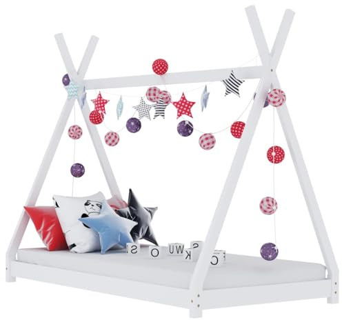 vidaXL Kiefernholz Massiv Kinderbett Hausbett Bettenhaus Spielbett Tipi Indianer Bett Kinderhaus Holzbett Bettgestell Lattenrost Weiß 90x200cm