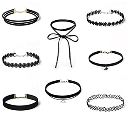 Febbya Choker Halsketten Set,10 Stück Strecken Halsband Tattoo Ketten Choker für Teen Mädchen Damen Frauen Velvet Schwarz 28+7CM