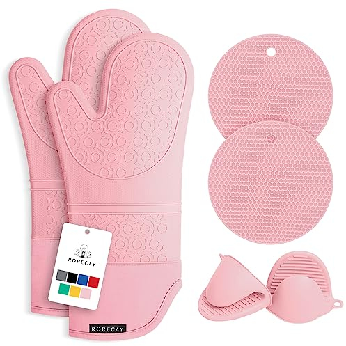 Rorecay 6pcs Oven Mitts and Pot Holders Sets for Kitchen, Extra Long Non-Slip Silicone Oven Gloves Heat Resistant 500 Degrees Potholders Hot Pads for Baking Cooking, Quilted Liner, Pink