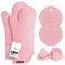 Rorecay Ofenhandschuhe & Topflappen Set - Extra Lange Küchenhandschuhe aus Silikon mit Mini-Schnapphandschuhen und Topflappen für die Küche zum Backen, Kochen oder Grillen 6er-Pack, Rosa